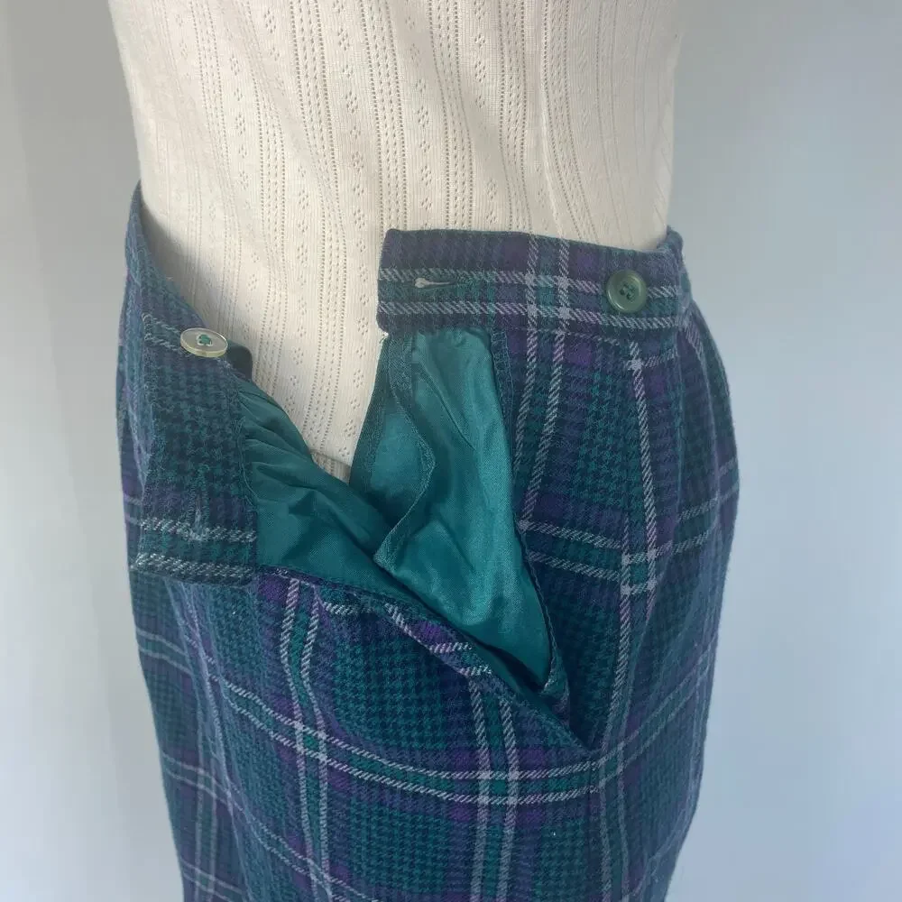 Vintage Pendleton Pencil Skirt Size 12 Blue Purple Tartan Plaid Wool Academia
